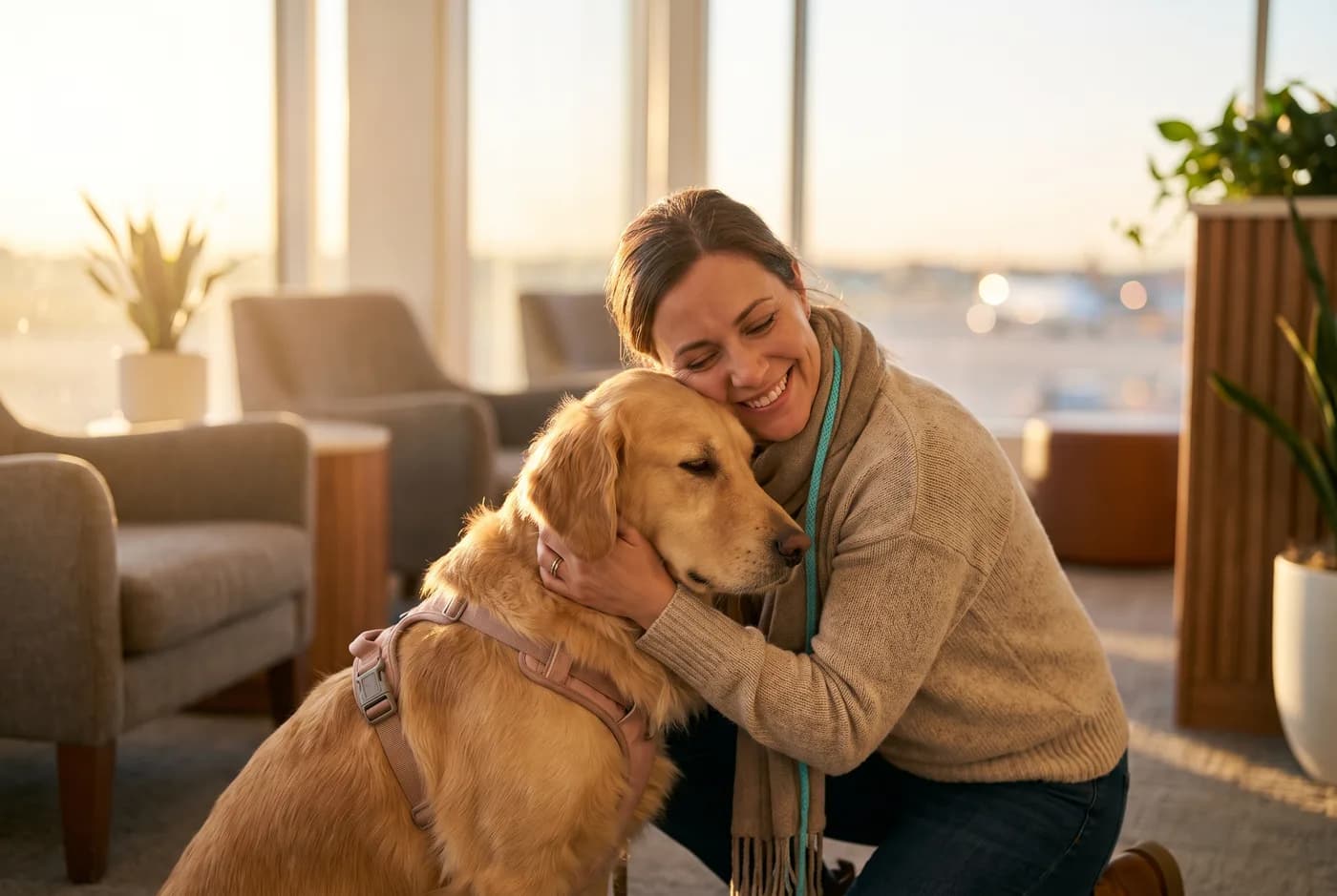 Tutora reencontrando o cachorro em um lounge de aeroporto