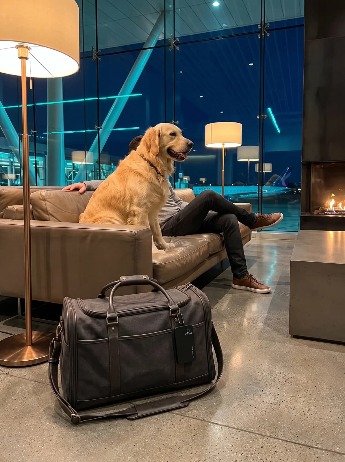 Cachorro tranquilo no lounge do aeroporto, com a bolsa monitorada pelo EYE BAG