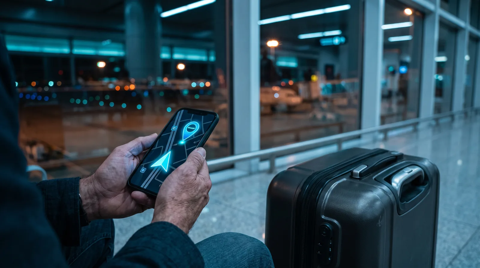 Viajante acompanhando a mala pelo mapa de rastreamento no celular